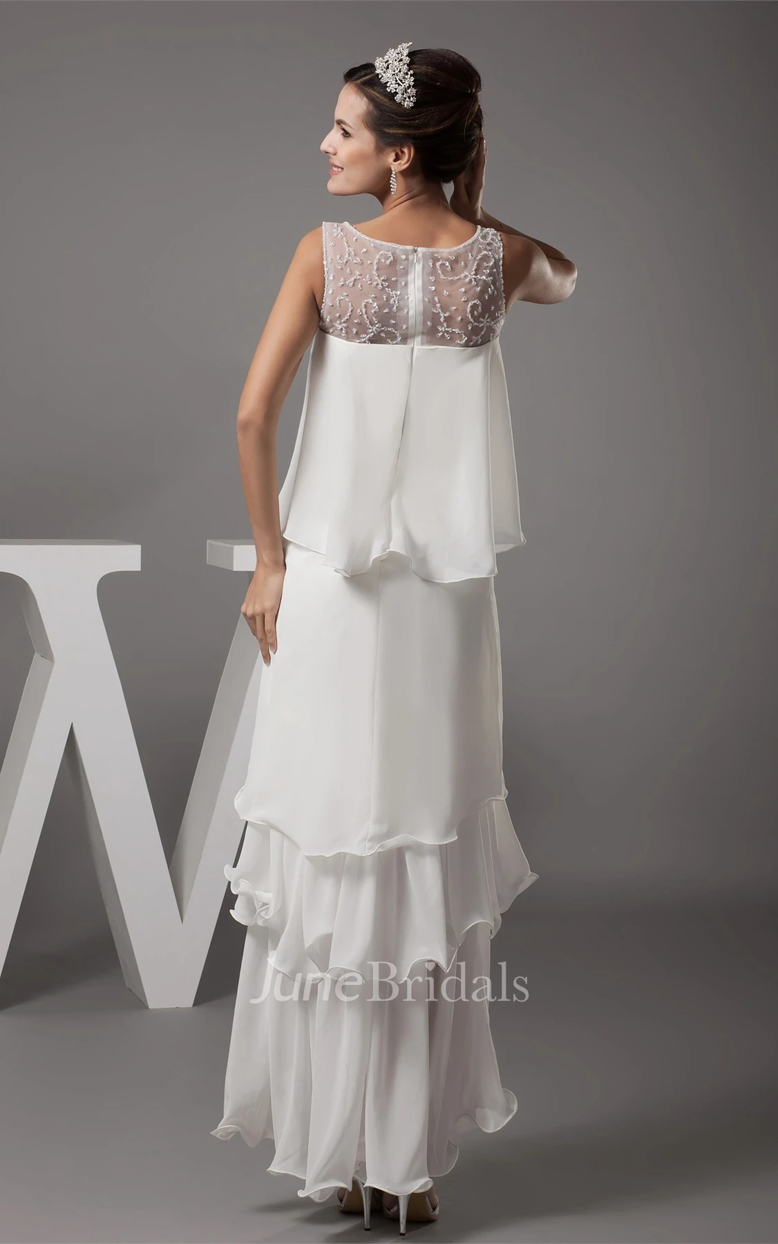 Sleeveless Chiffon Tiered High-Low Dress with Illusion Neckline