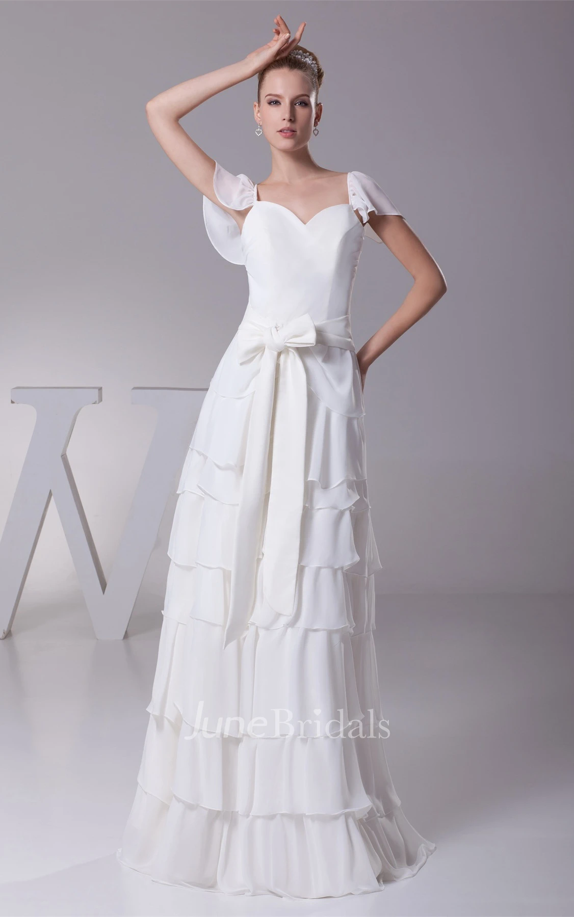 Caped-Sleeve Tiered Sheath Dress with Ribbon