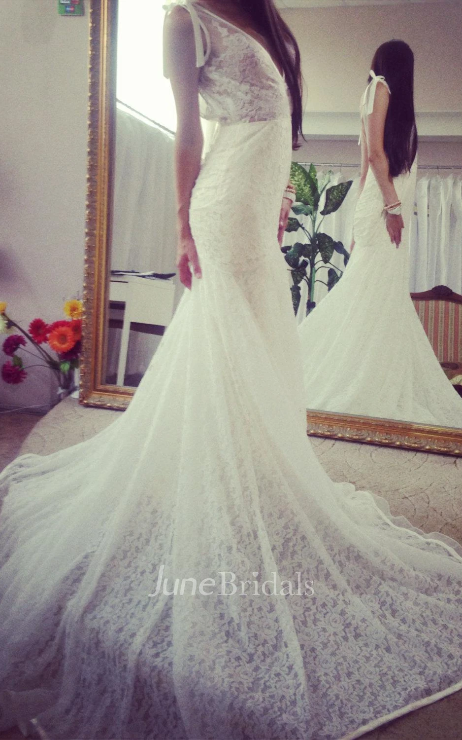 Deep-V Neck Sleeveless Lace Mermaid Wedding Dress With Long Train