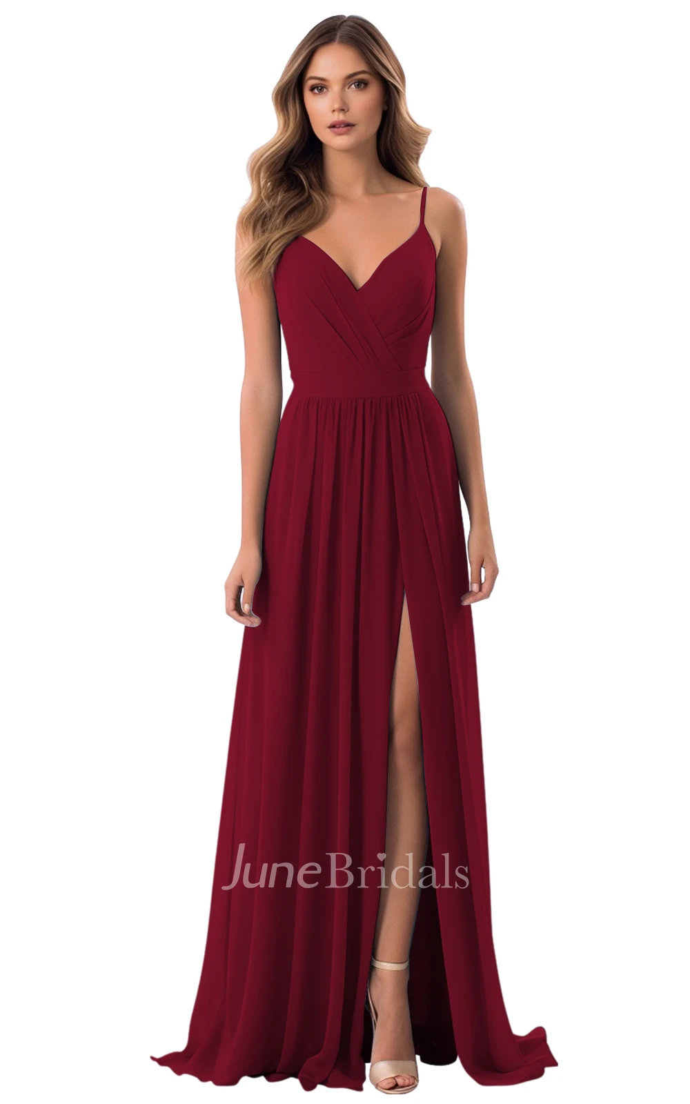 Simple A-Line V-neck Spaghetti Chiffon Bridesmaid Dress with Split Front