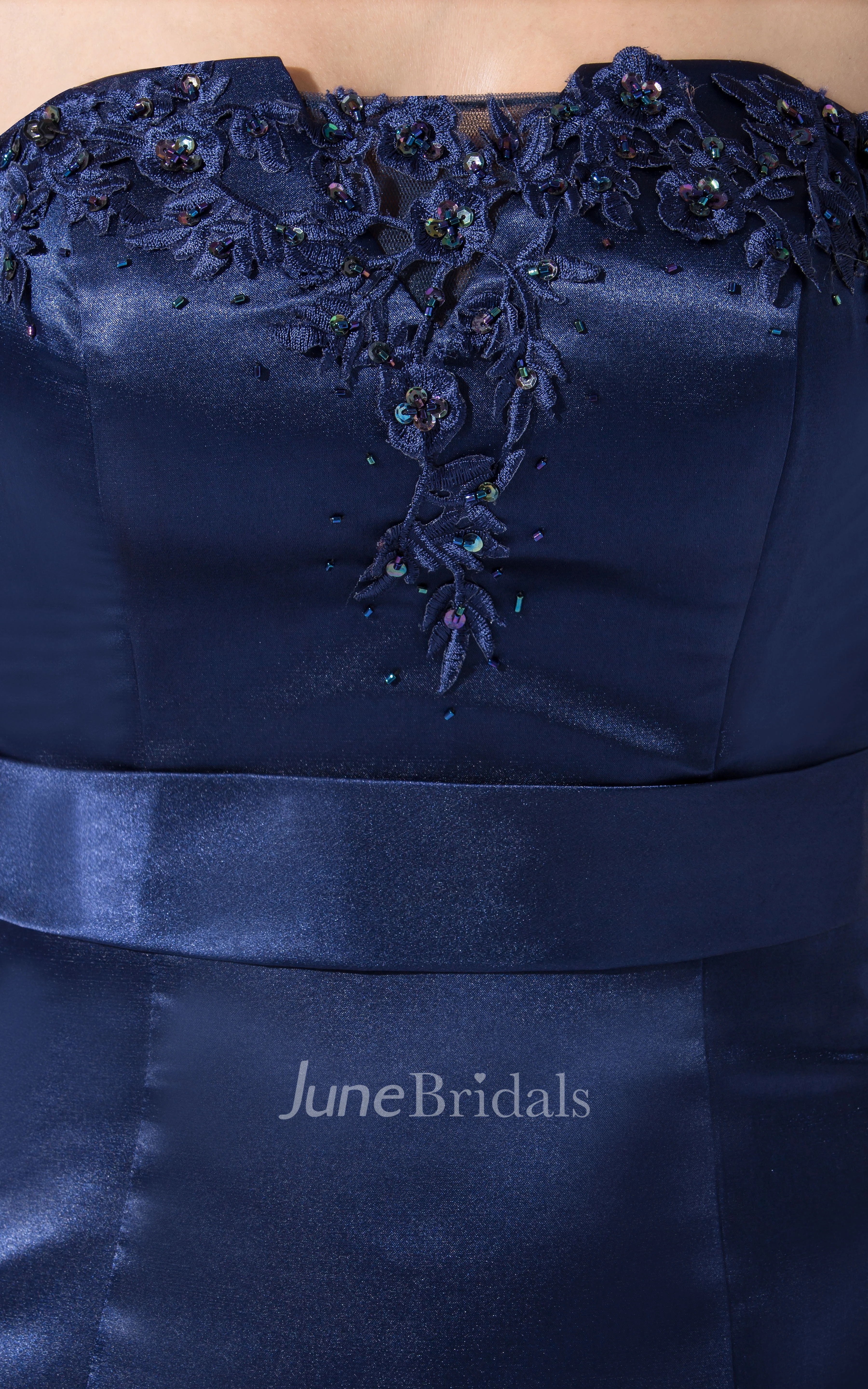 Satin Strapless Sheath Dress With Appliques