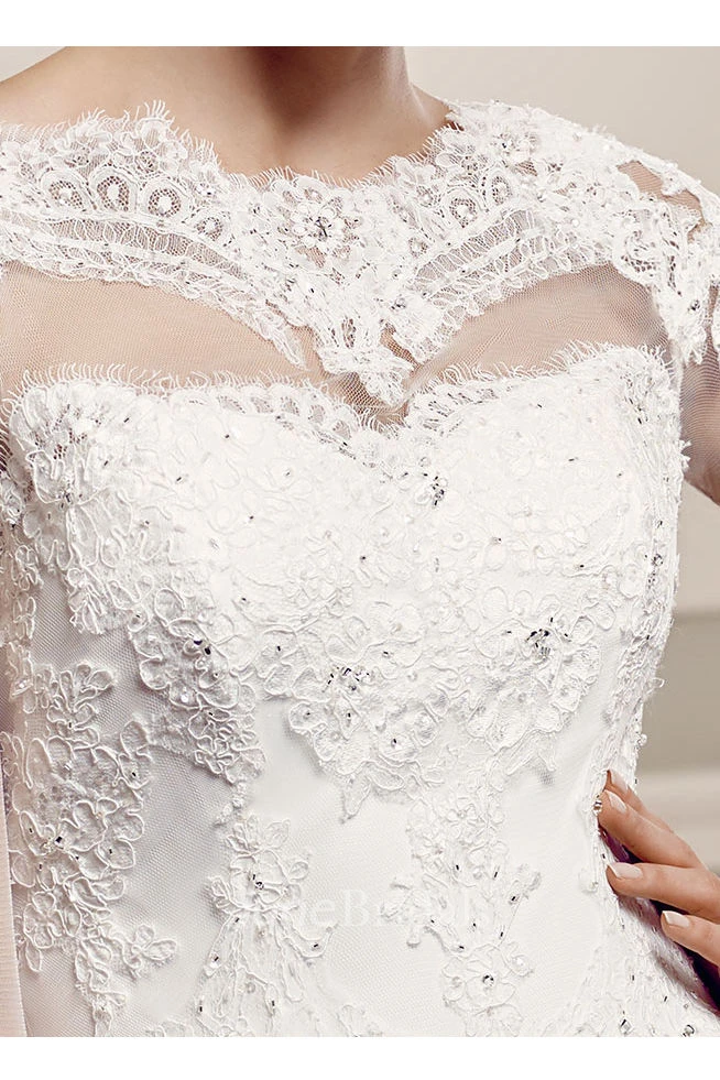 Bateau Floor-Length Beaded Half Sleeve Tulle Wedding Dress