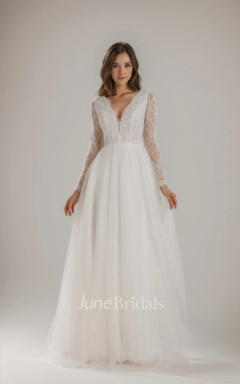 Elegant A-Line V-Neck Lace Spring Wedding Dress with Long Sleeves and Court Train Romantic Garden Gown