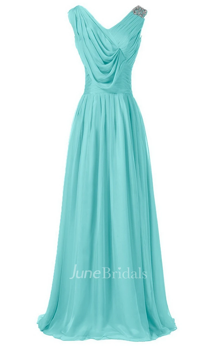 Sleeveless V-neck Long Dress With Draped Bodice
