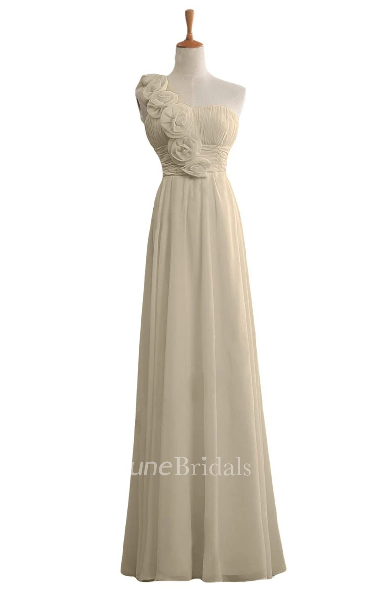 Floral One-shoulder Chiffon A-line Gown With Ruched Band