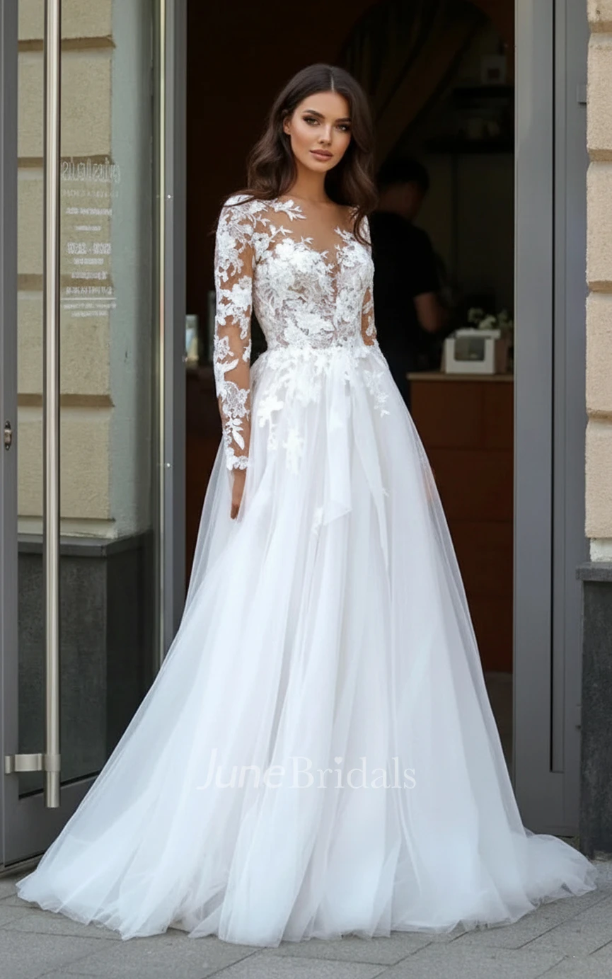 Romantic A-Line Long Sleeve Lace Tulle Wedding Dress with V Neck and Backless Elegant Bridal Gown