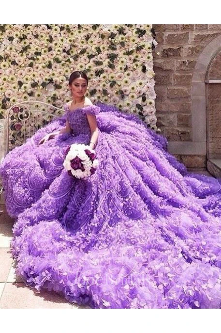 Glamorous Purple Off-the-shoulder Wedding Dress Long Train Flowers