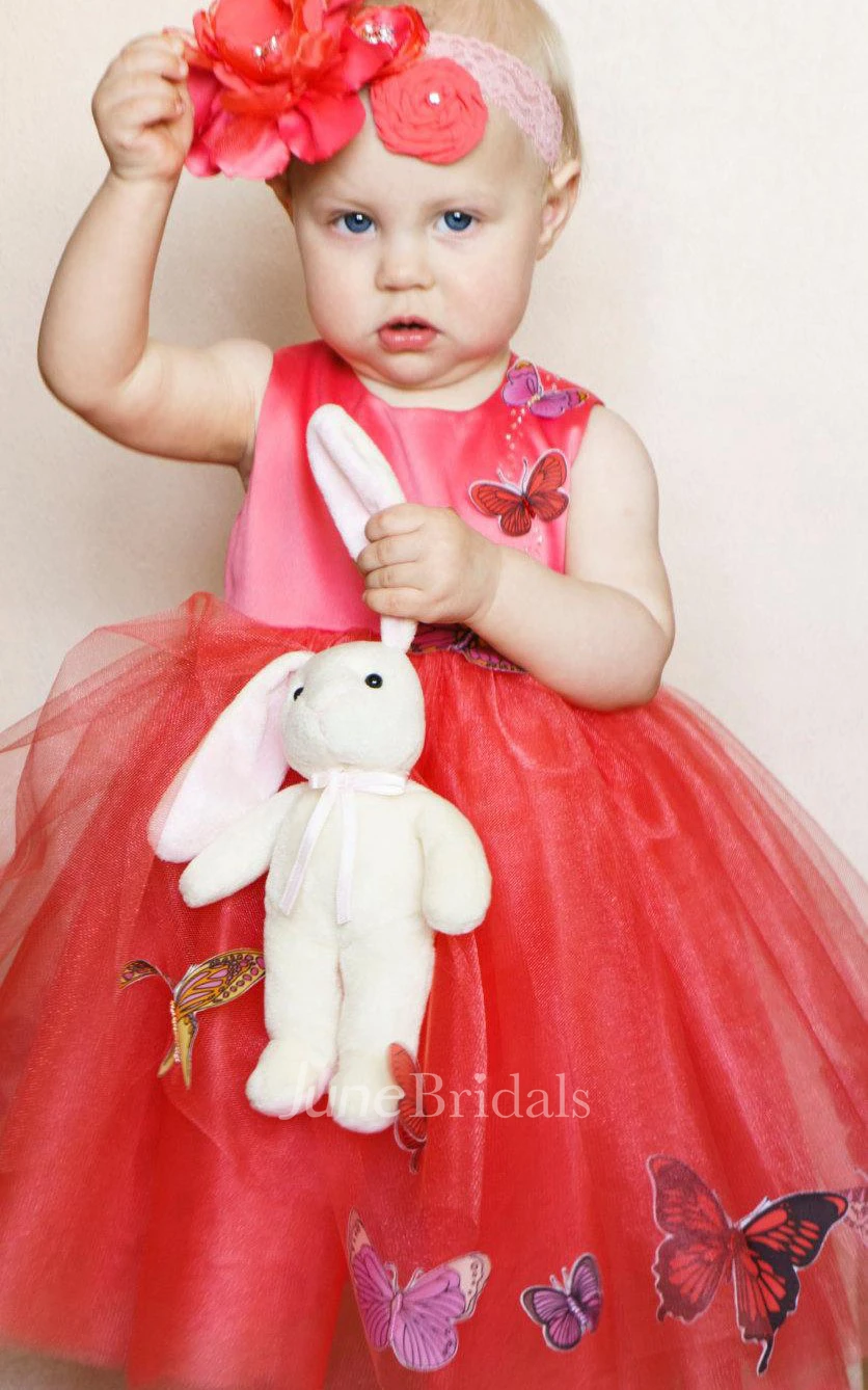 Sleeveless Pleated Tulle&Satin Dress With Beading&Flower