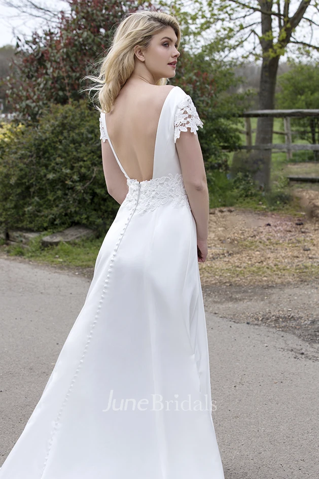 Plunging V-neck Satin Wedding Dress With Appliques And Floral Cap Sleeves