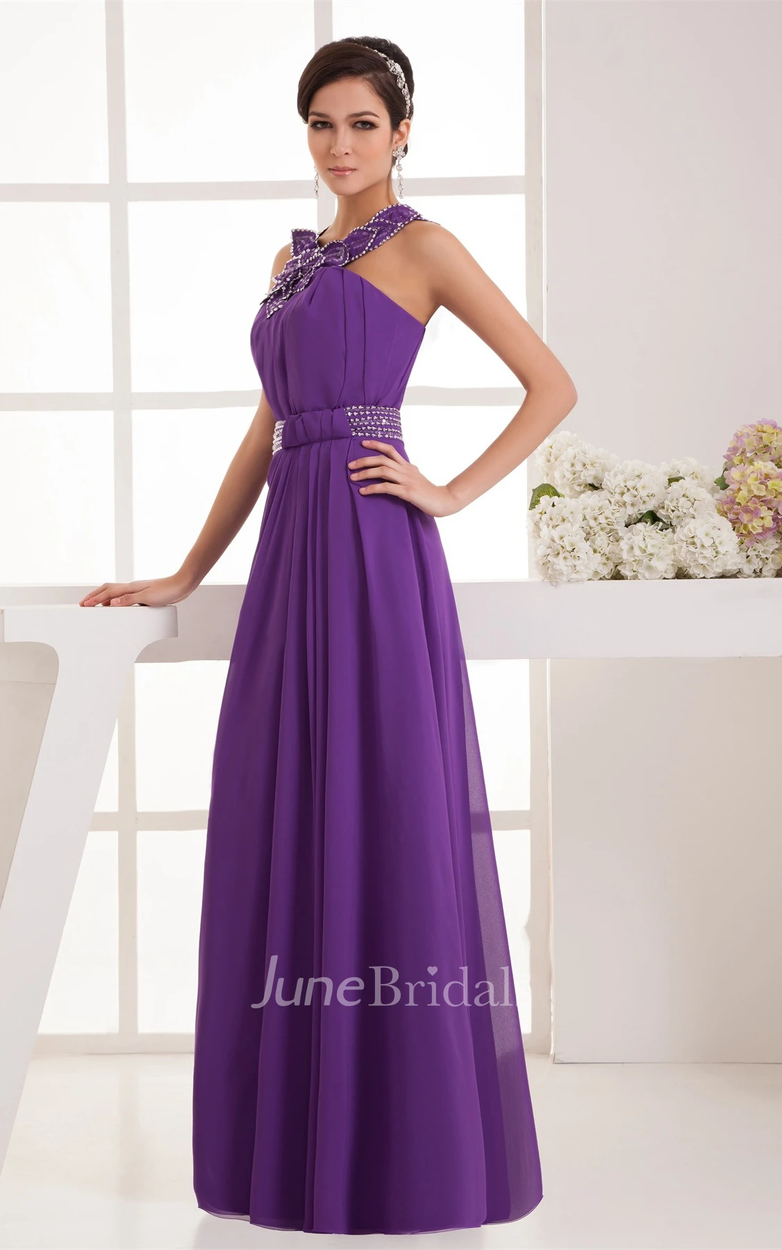 Chiffon Pleated Maxi Dress with Beading and Floral Embellishment