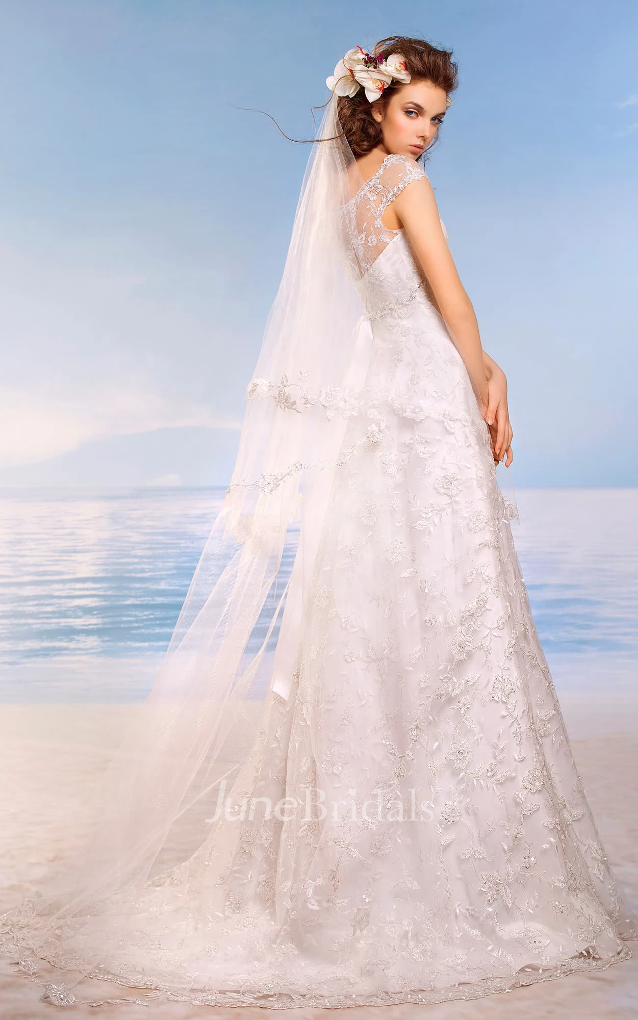 A-Line Floor-Length Scoop Cap-Sleeve Empire Illusion Lace Dress With Beading And Appliques