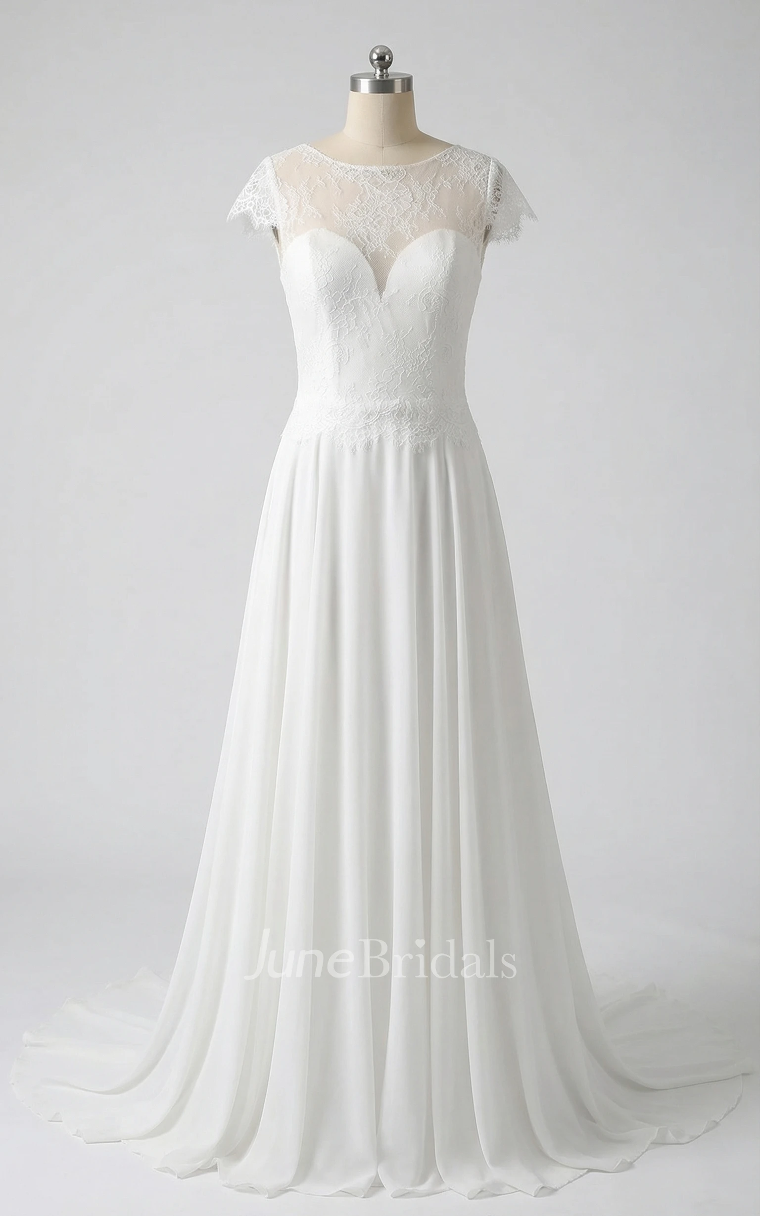 Elegant Lace A-Line Cap Sleeve Wedding Dress with Illusion Deep-V Back