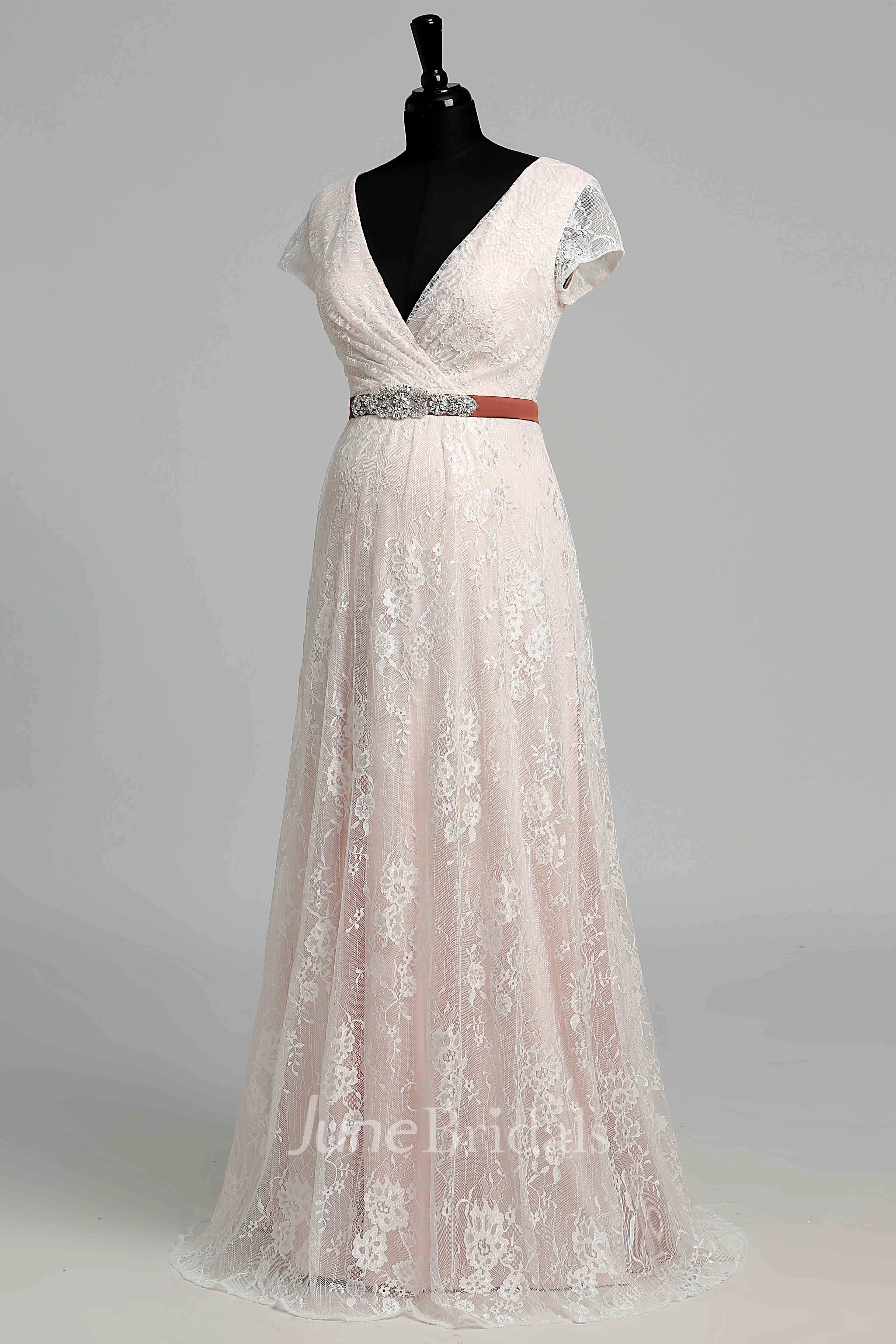 Short Sleeve V-neck Pleated Long Lace Maternity Wedding Dress