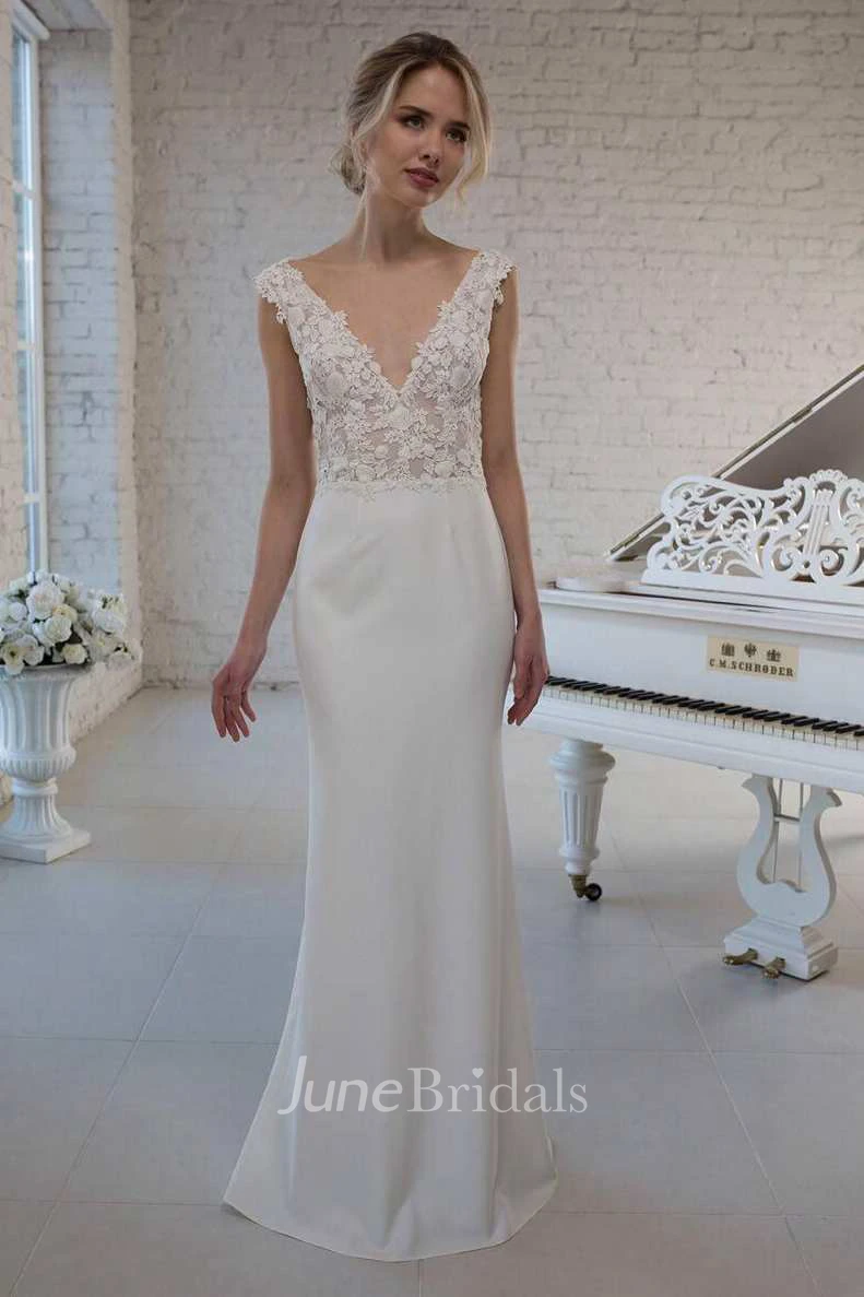 Plunged Sleeveless A-Line Tulle Satin Wedding Dress With Appliqued Top