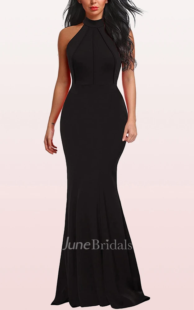 A Line Halter Jersey Sleeveless Prom Evening Dress With Ruffles