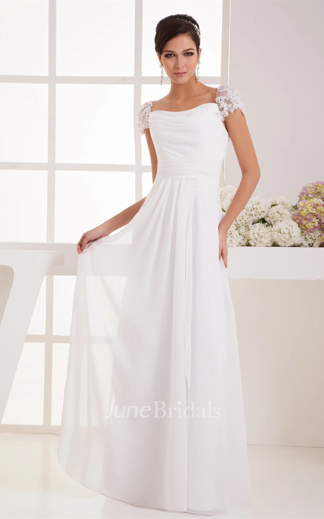 Caped-Sleeve Chiffon Maxi Dress with Ruching and Pleats