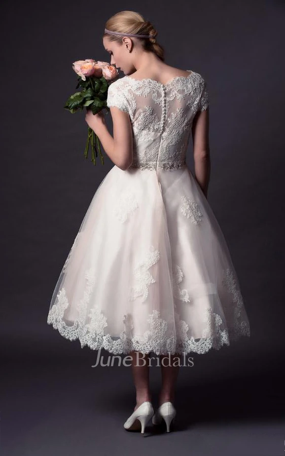 A-Line Mini V-Neck Bell Cap Appliques Button Tulle Lace Dress