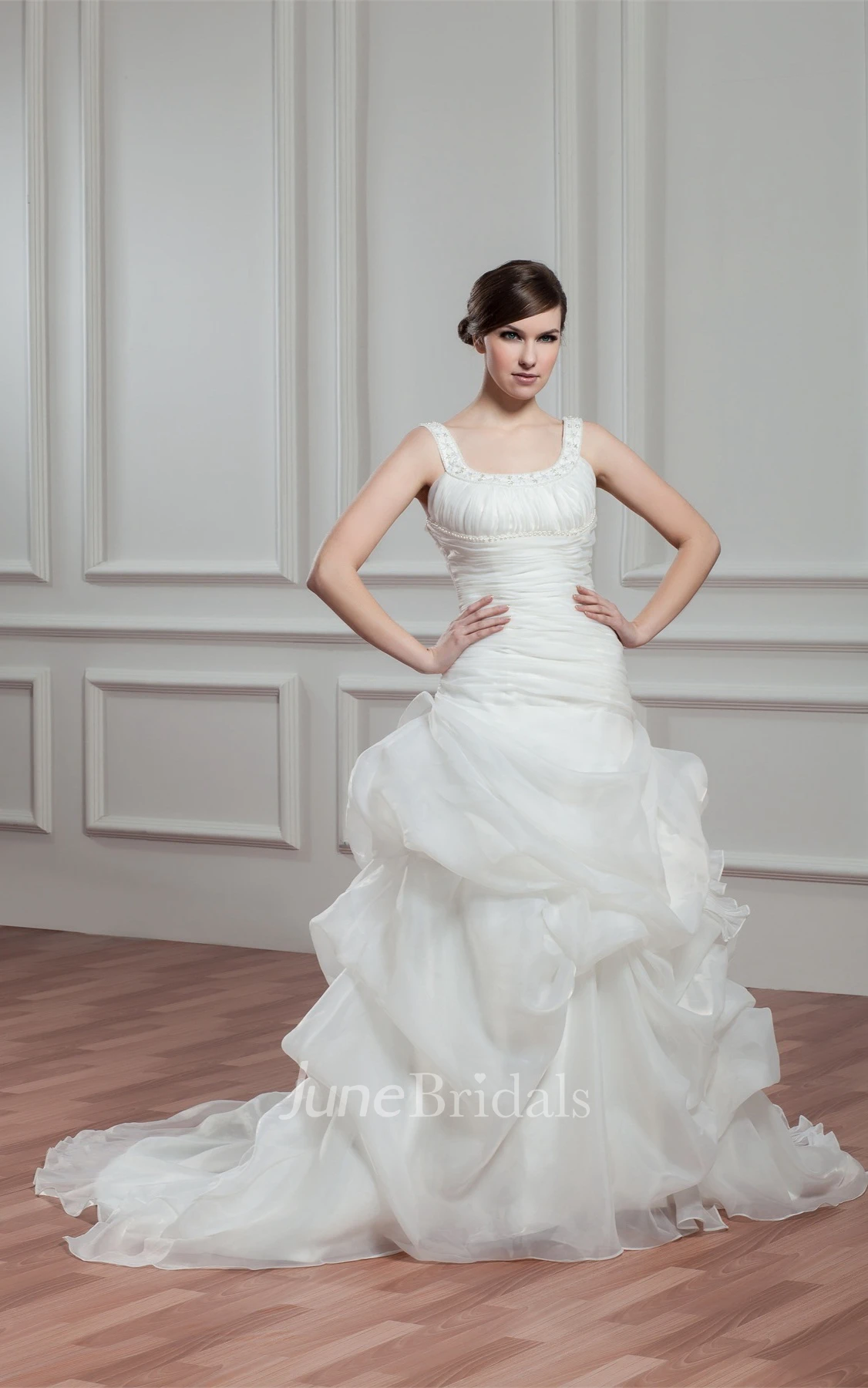 Strapped Pick-Up A-Line Gown with Beading and Ruched Bodice