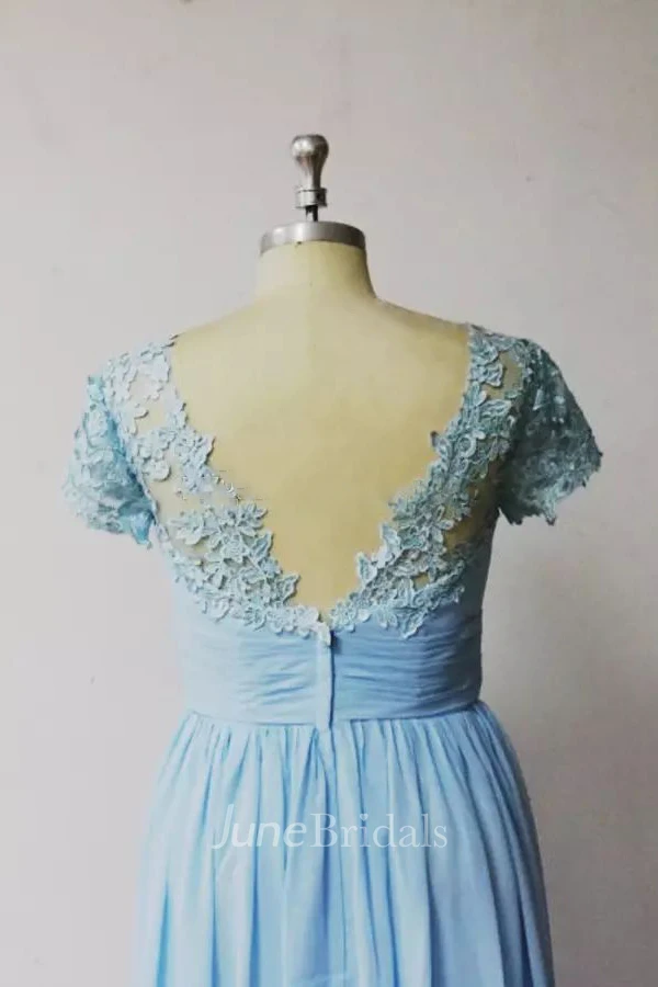 A-line Jewel Cap Short Sleeve Floor-length Chiffon Bridesmaid Dress with Appliques and Ruching