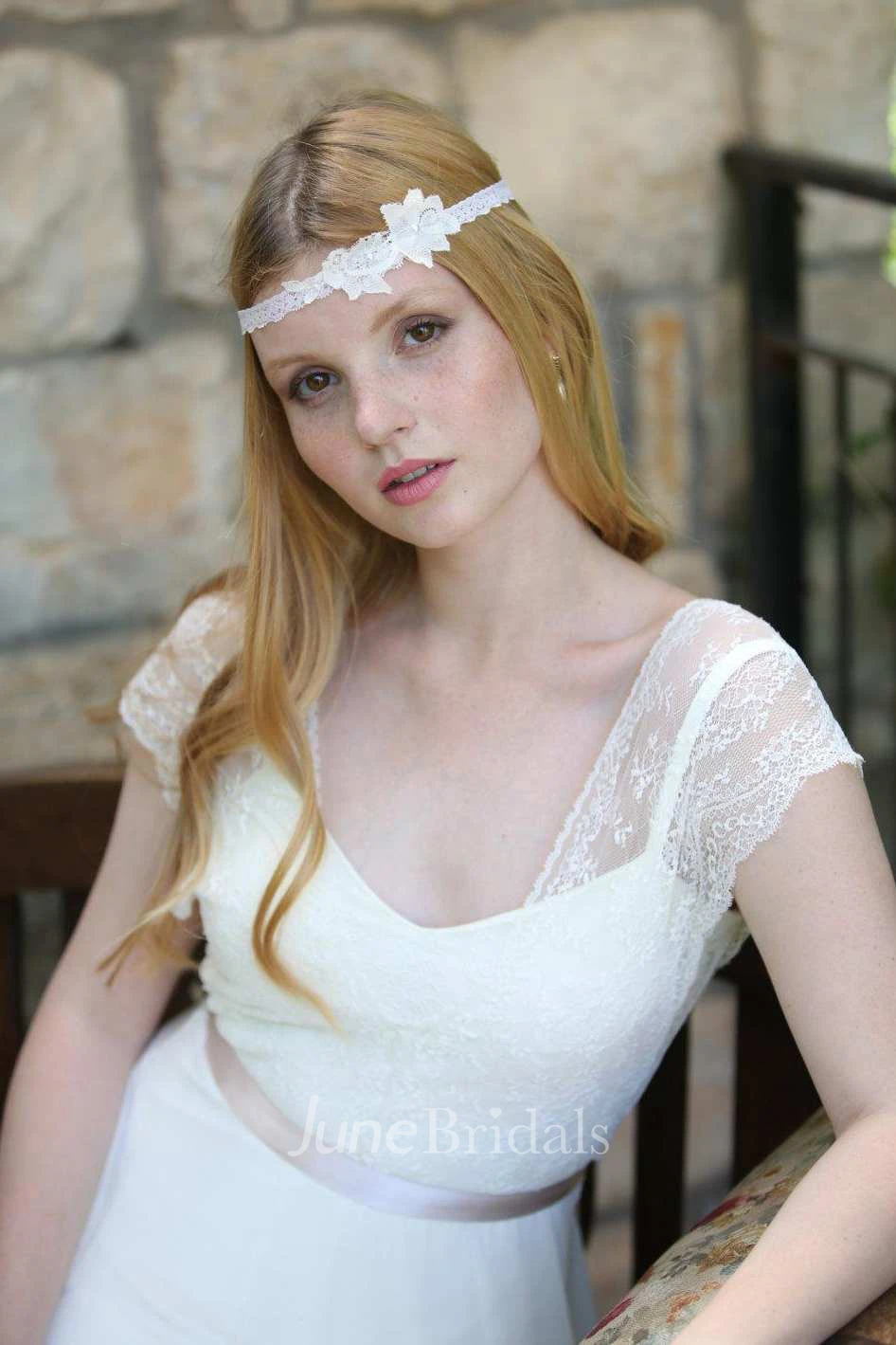 Casual Lace Cap-Sleeve Chiffon Sheath Long Wedding Dress With Deep-V Back