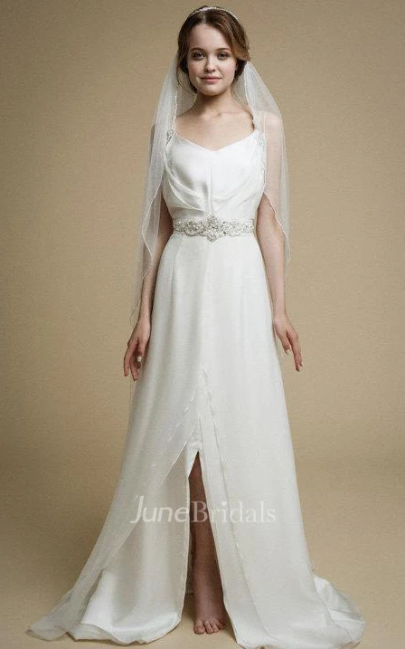 A-Line Spaghetti Split Front Dress With Waist Jewellery