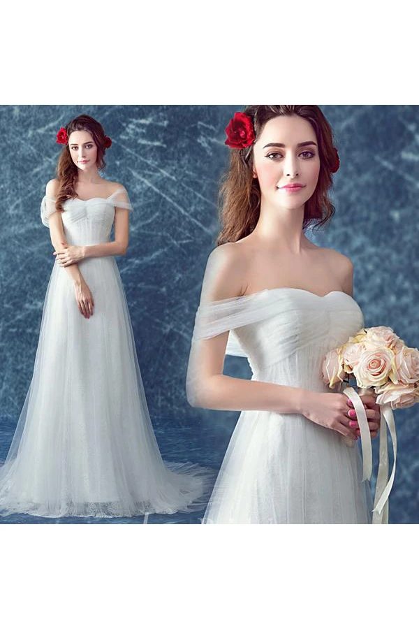 Romantic Tulle Off-the-shoulder Wedding Dress Lace-up Sweep Train