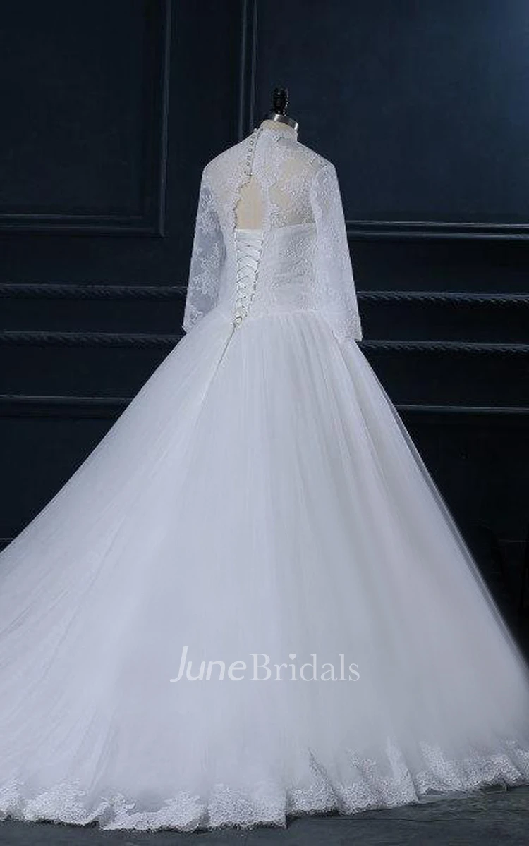 V-Neck Long Sleeve Cathedral Train Tulle Lace Satin Dress