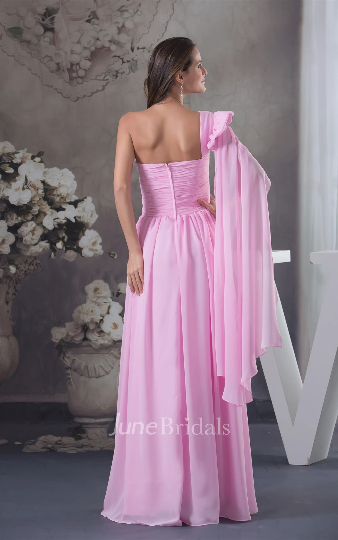 Pastel Asymmetrical Chiffon Dress with Ruching and Pleats