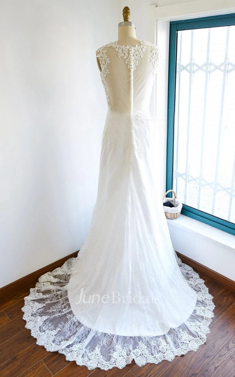 Sheath Tulle Lace Satin Weddig Dress With Illusion