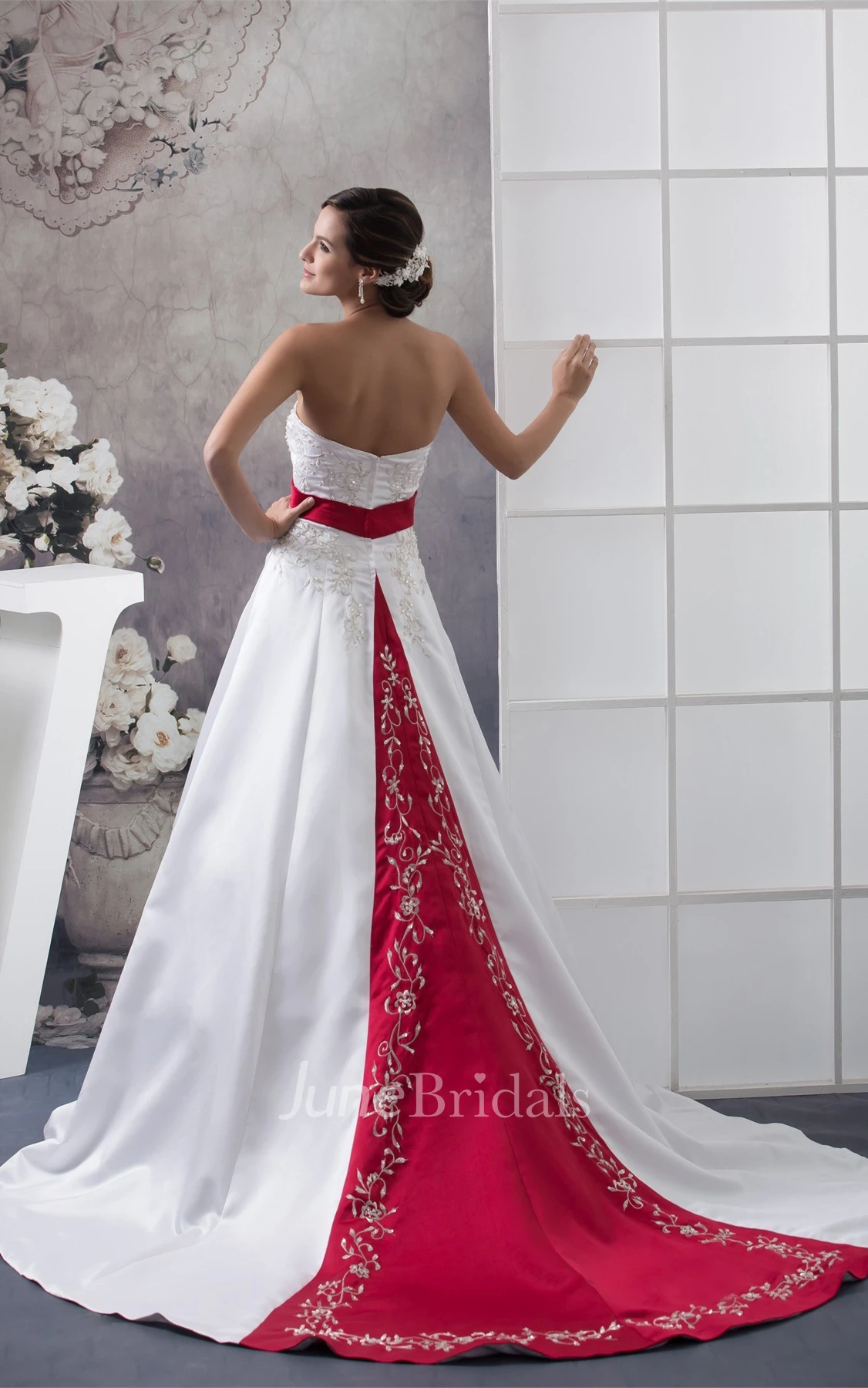 A-Line Satin Ball Gown with Embroideries and Broach