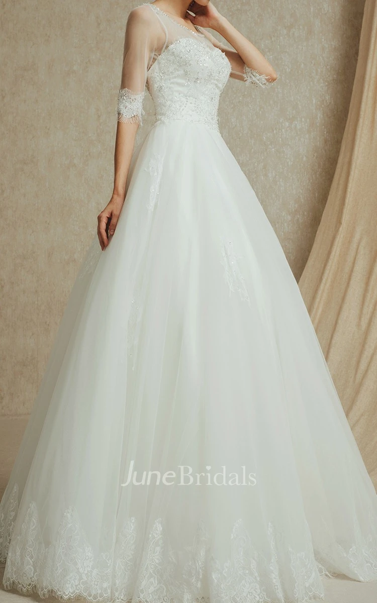 Noble 3 4 Sleeve A-line Organza and English Net Gown With Beading