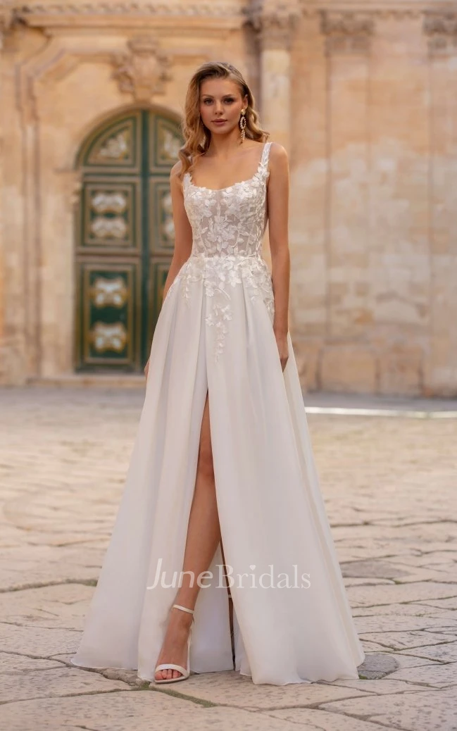 Ethereal Boho Lace A Line Winter Wedding Dress Modern Floral Sleeveless Front Slit Bridal Train Gown