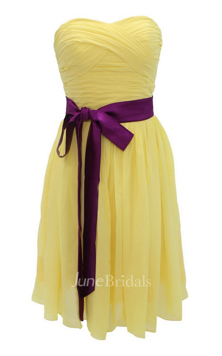 Sweetheart Mini Chiffon Dress With Sash Waist