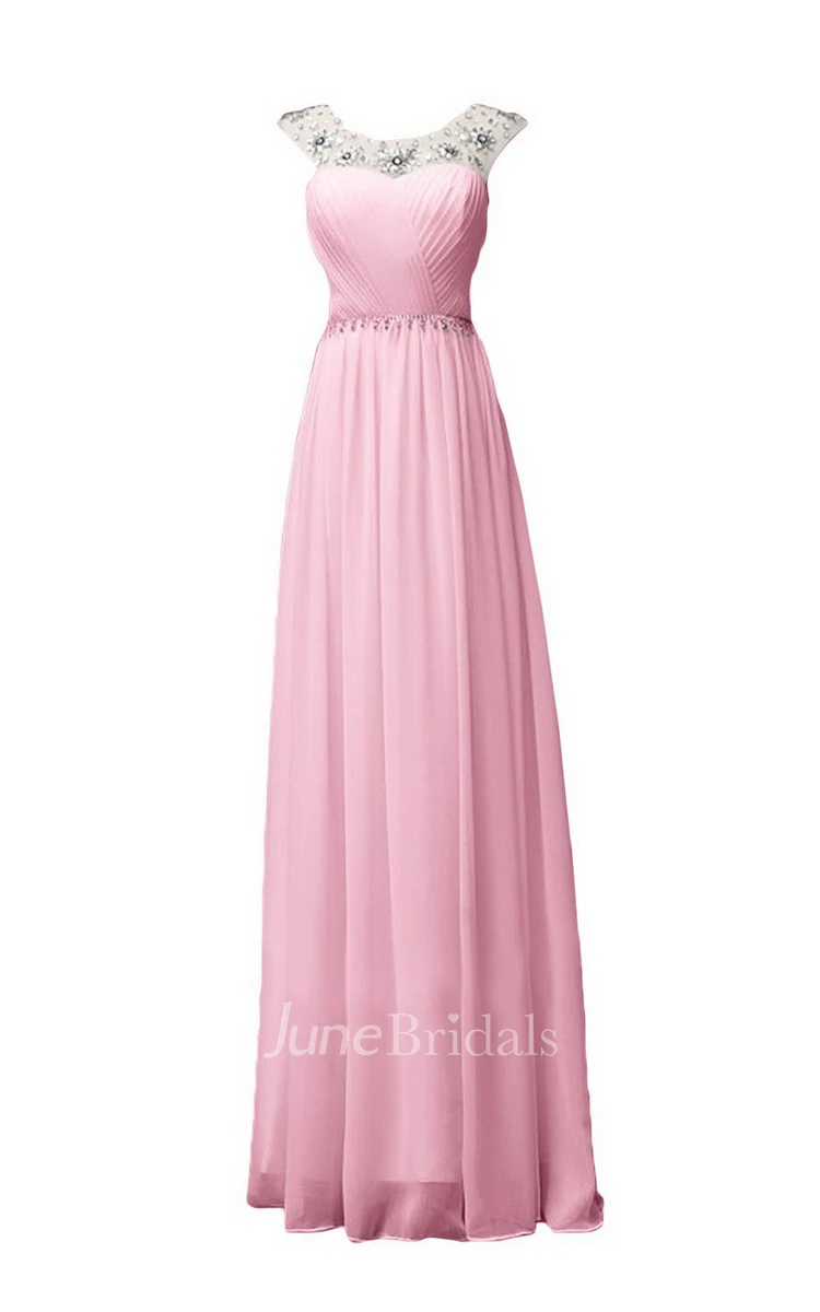 Sleeveless Long Ruffled Chiffon Dress With Beaded Neck