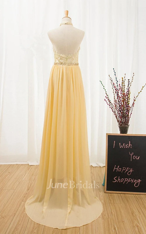 High-neck Sneath Lace Dress With Chiffon Skirt And Beading