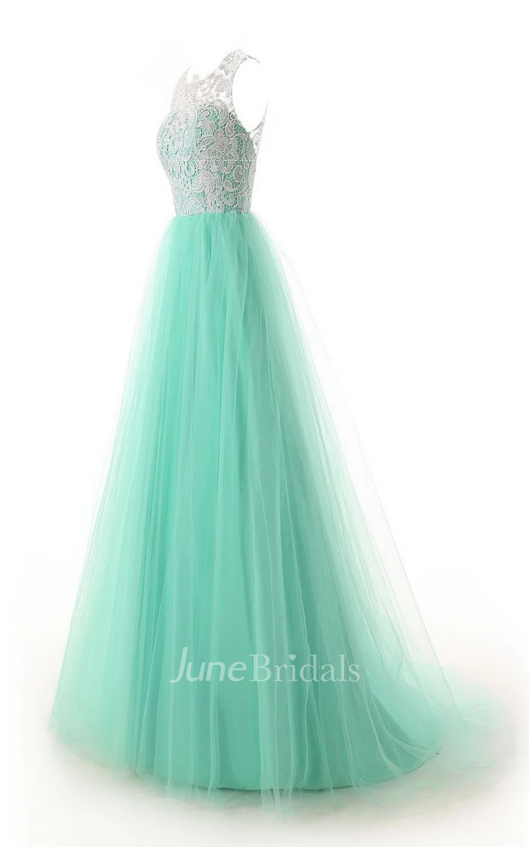 Jewel Pleated Tulle A-line Gown With Lace Appliques