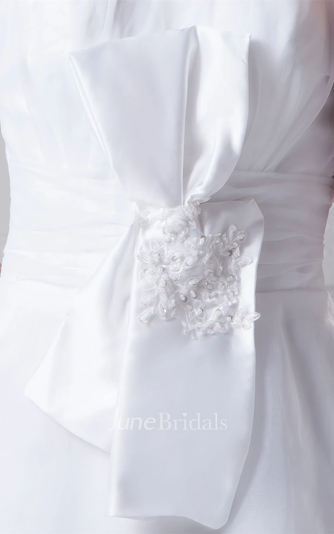 Strapless A-Line Halter Gown with Bowed Sash Zipper Back