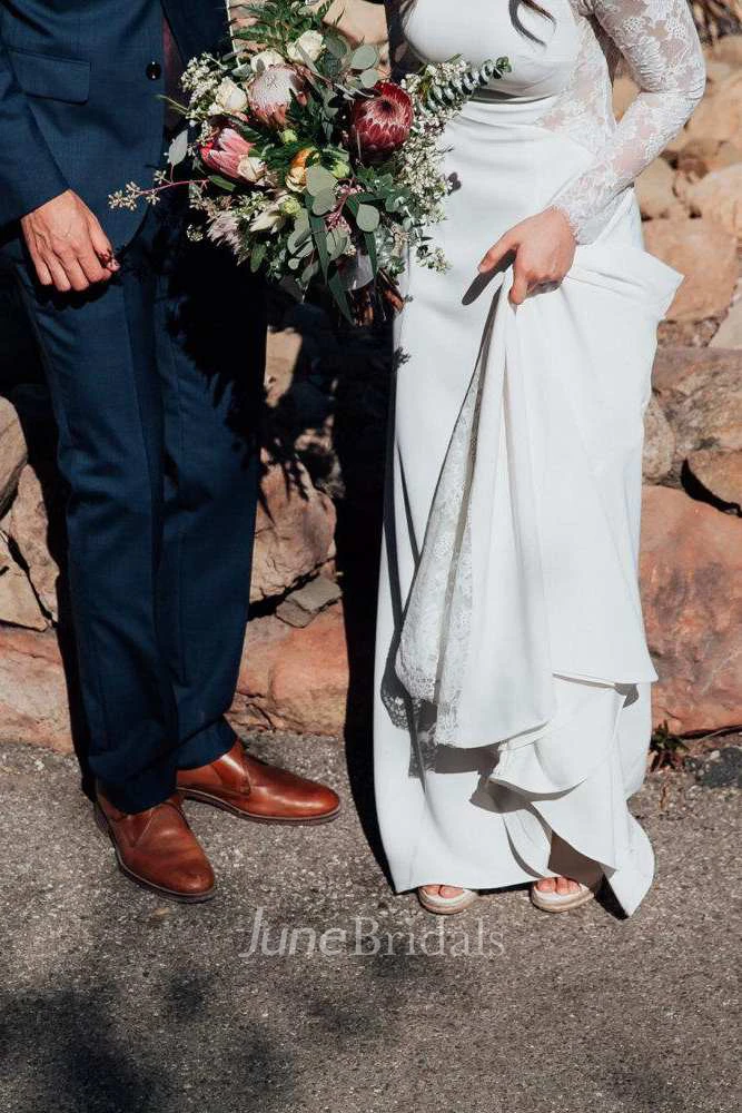 Jewel-Neck Lace Long Sleeve Chiffon Wedding Dress With Illusion