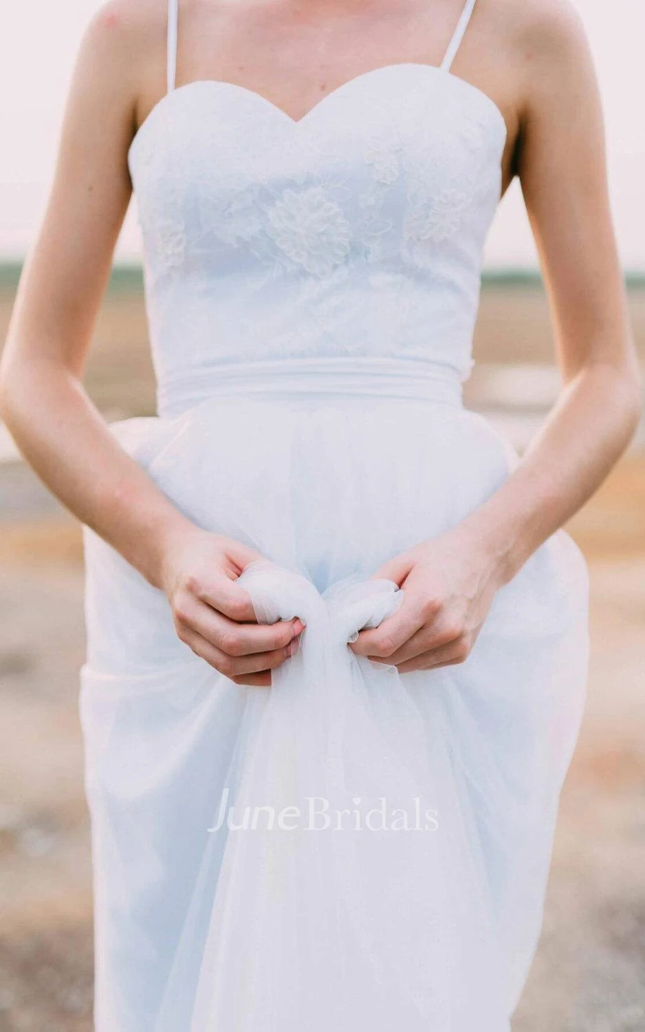 Spaghetti Strap Long Tulle Wedding Dress With Lace Bodice