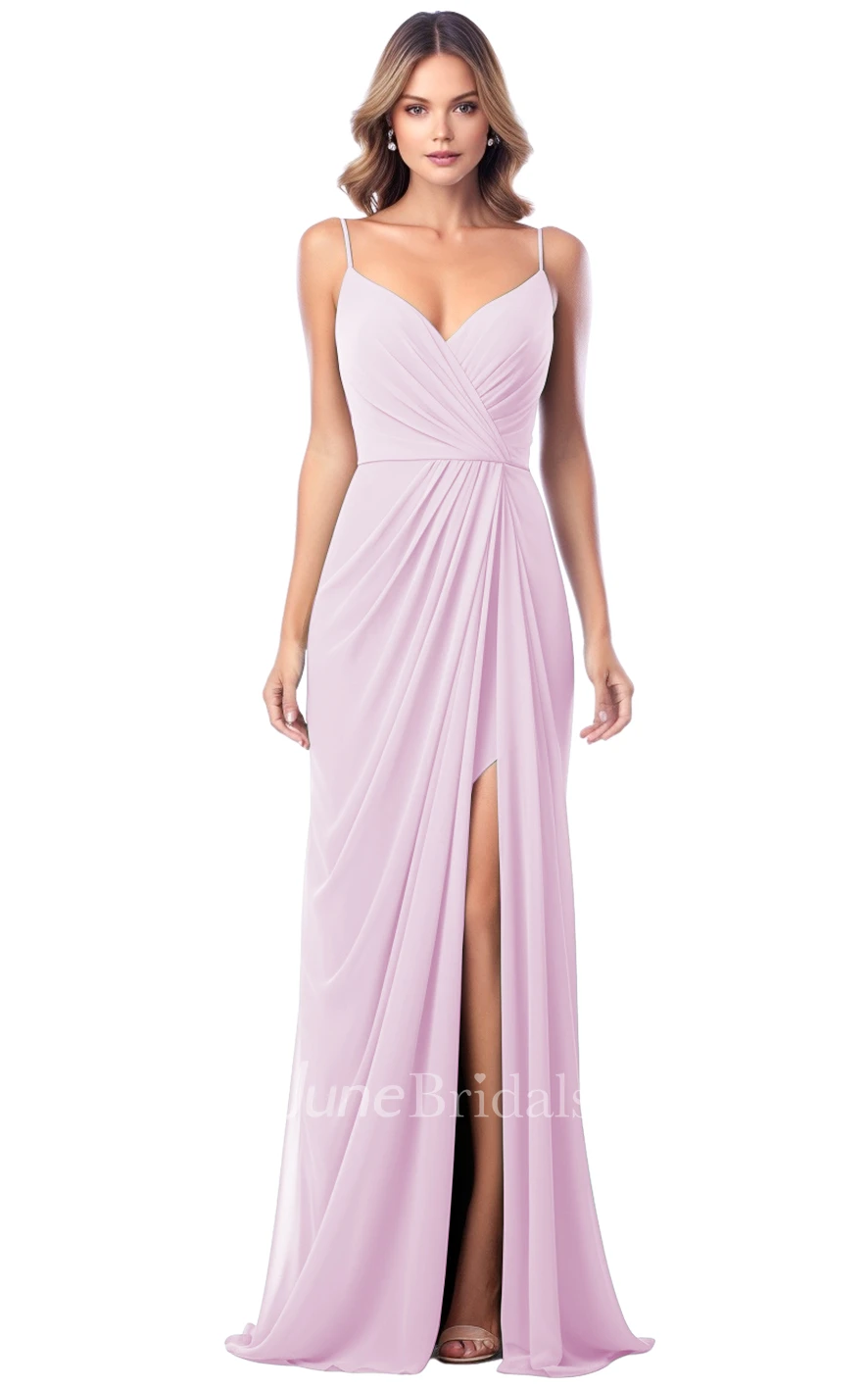 Simple A-Line Spaghetti V-neck Satin Bridesmaid Dress with Split Front