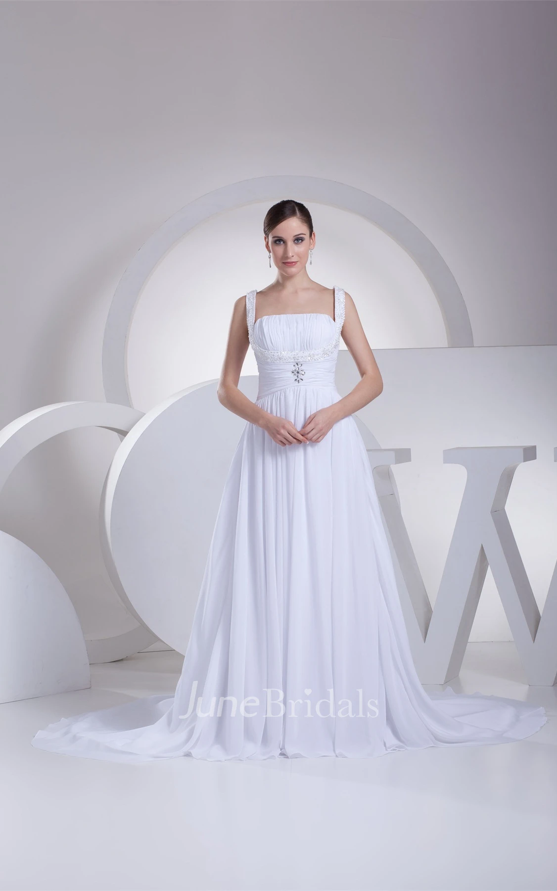 Strapped Chiffon Long Dress with Broach and Pleats