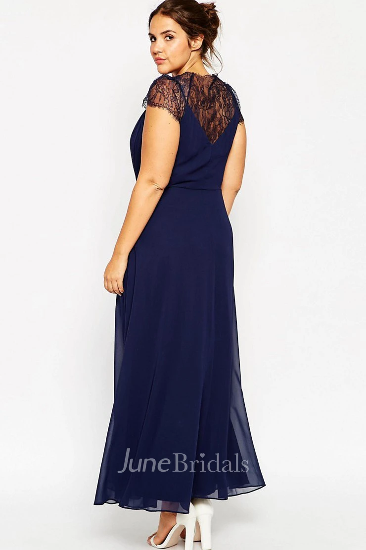 Cap-sleeve V-neck Ankle-length Chiffon Dress With Lace