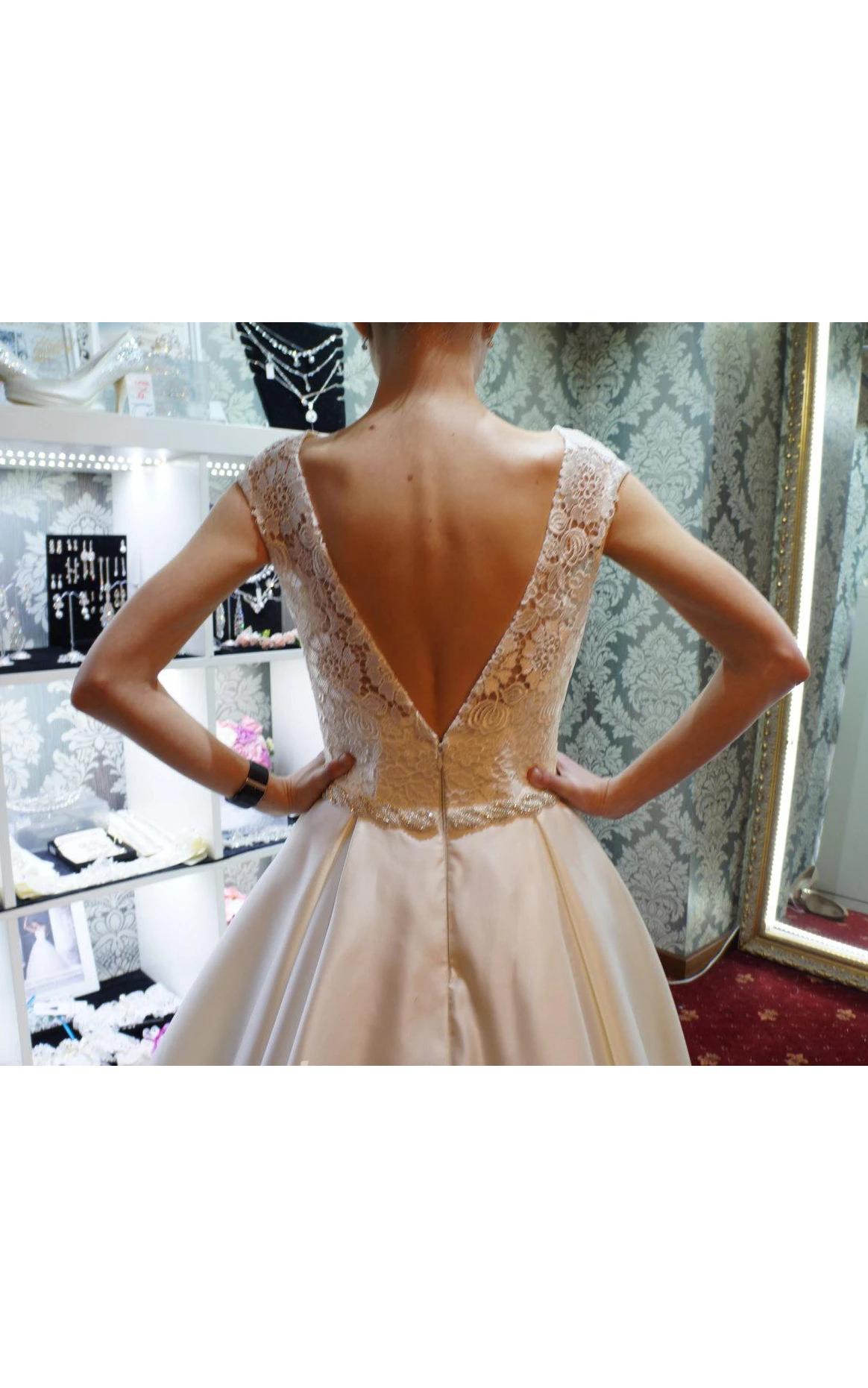 A-Line Scoop Neck Satin Dress With Lace And Deep-V Back