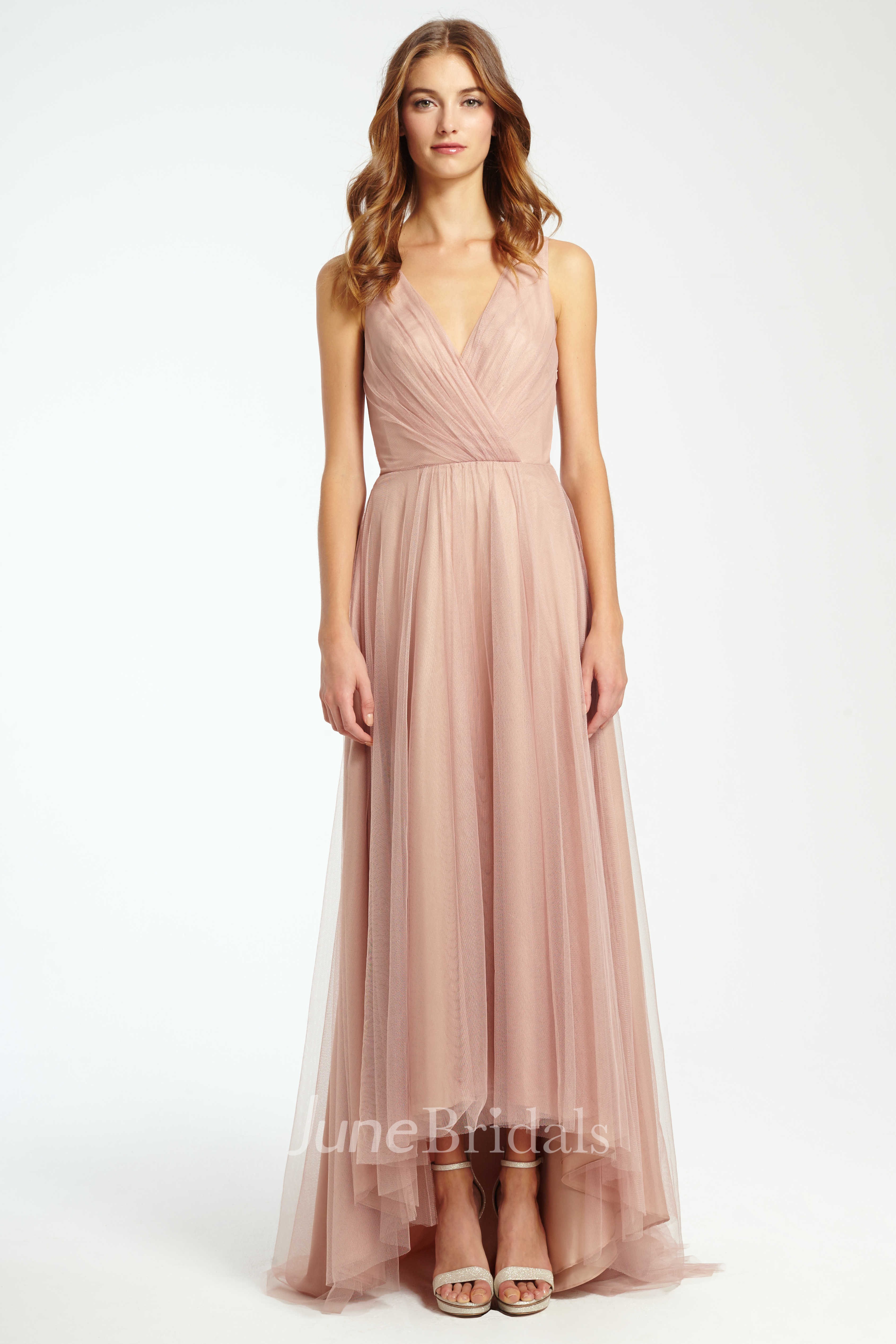 High Low Criss Cross V Neck Sleeveless Tulle Bridesmaid Dress June Bridals