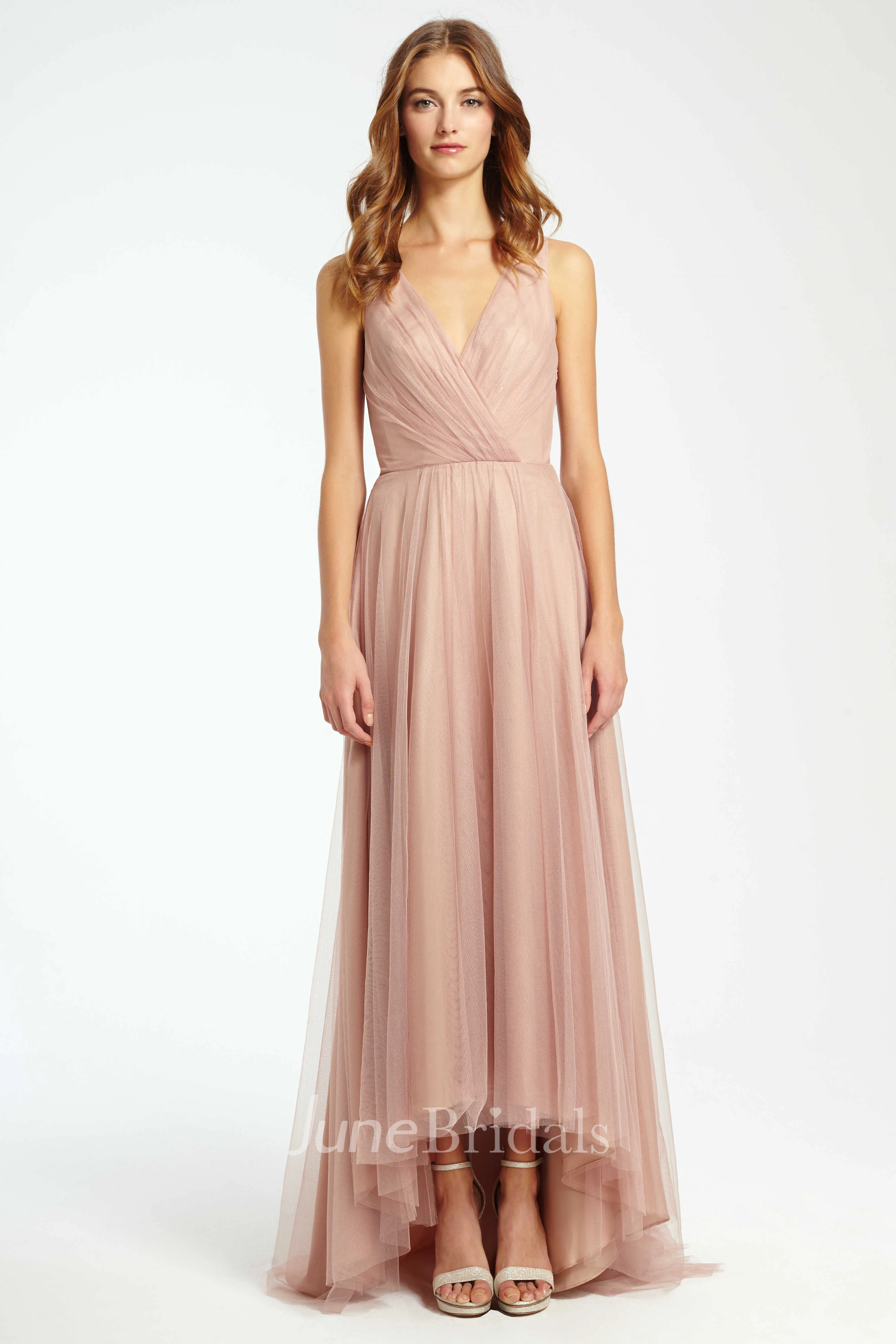 High-Low Criss-Cross V-Neck Sleeveless Tulle Bridesmaid Dress