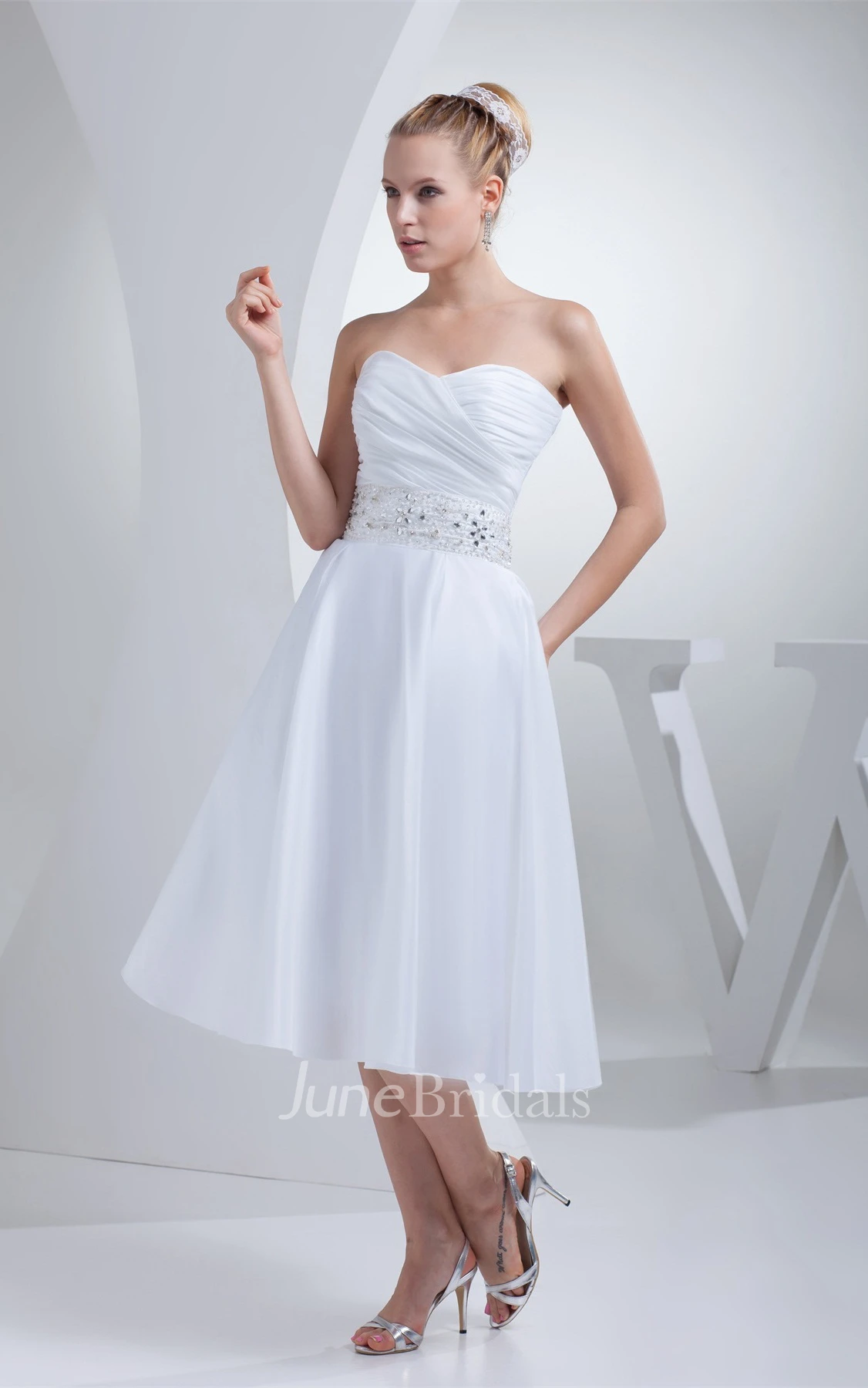 Sweetheart Tea-Length A-Line Dress with Ruching and Jeweled Waist