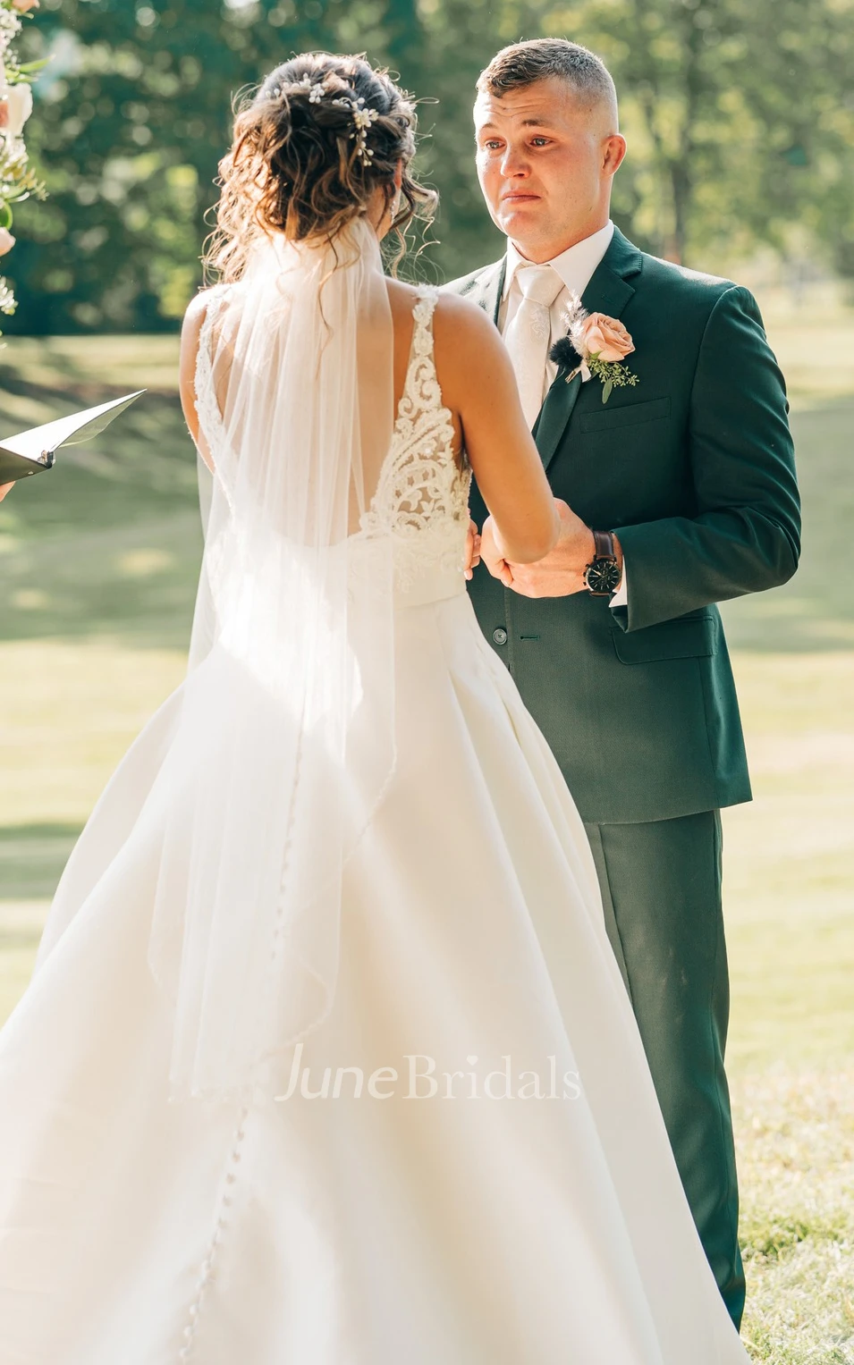 Romantic Satin V-neck A-Line Spring Wedding Dress With Low-V Back And Appliques