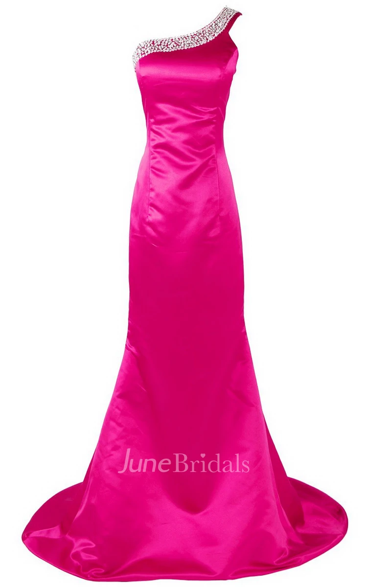 One-shoulder Long Satin Dress With Beaded Neckline