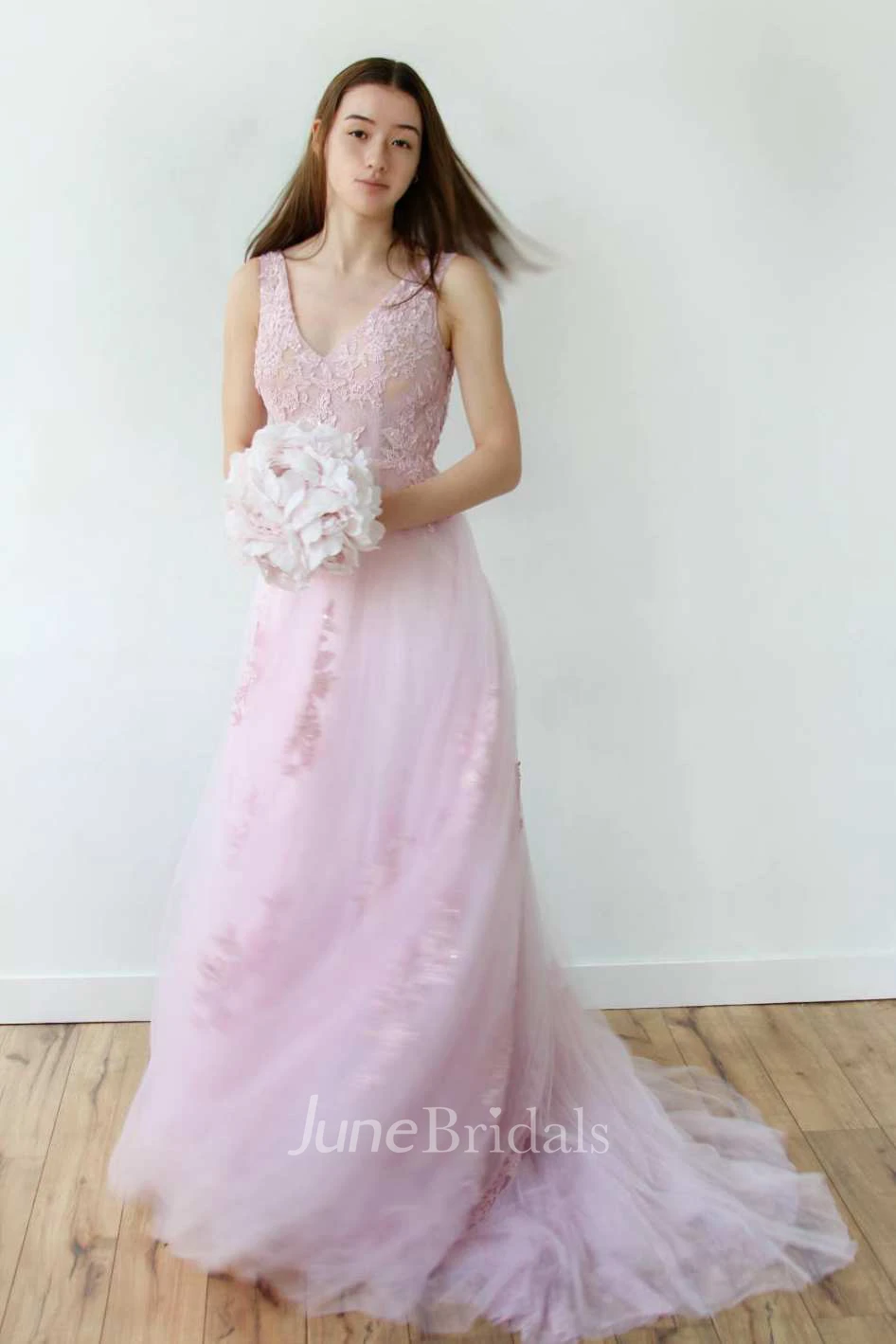 Plunged Sleeveless Tulle A-Line Dress With Appliques And Deep-V Back
