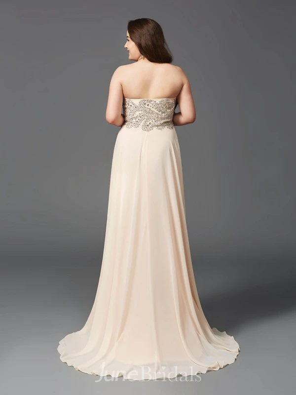 A-line Floor-length Sweetheart Sleeveless Chiffon Beading Pleats Brush Train Dress